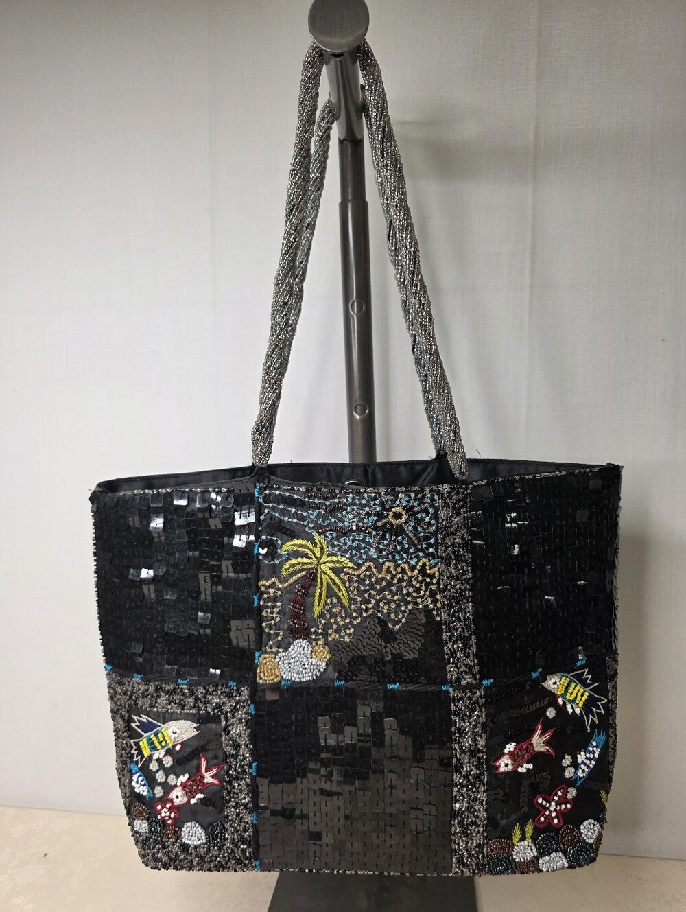 Vintage Beaded Sequin Tropical Tote Bag Palm Tree Fish Black Satin